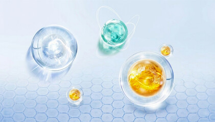 3D Abstract Cosmetic Molecules: Golden Serum, Hydrating Water, and Active Ingredients on Cellular Background.