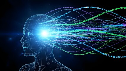 Glowing blue digital human head with colorful circuits and data streams flowing out 20251212