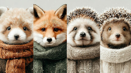 Four adorable foxes bundled in colorful knitted scarves and sweaters.