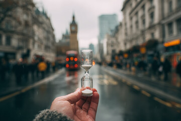 A hand holding an hourglass on a busy city street, symbolizing time pressure, decision moments, and urban life pace.