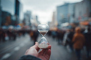 A hand holding an hourglass on a busy city street, symbolizing time pressure, decision moments, and urban life pace.