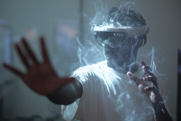 A woman interacting with virtual data through augmented reality, representing time-based strategic thinking and advanced decision processes.