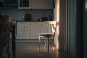 A wooden chair lit by soft light in a quiet kitchen, capturing a paused domestic moment without people.