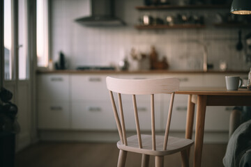 A wooden chair lit by soft light in a quiet kitchen, capturing a paused domestic moment without people.