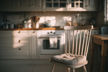 A wooden chair lit by soft light in a quiet kitchen, capturing a paused domestic moment without people.