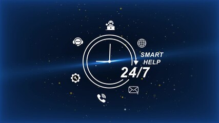 24/7 Smart Help Support Services Concept with Clock and on Dark Blue Background with Starry Night Sky