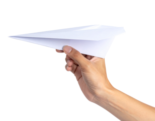 Hand holding a white paper airplane, a concept of travel, freedom and business Isolated on transparent or white, Cut out