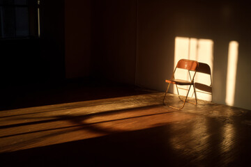 An empty chair sits in directional sunlight, creating quiet visual rhythm through light, shadow, and minimal interior space.