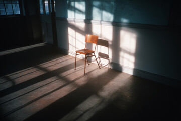 An empty chair sits in directional sunlight, creating quiet visual rhythm through light, shadow, and minimal interior space.