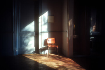 An empty chair sits in directional sunlight, creating quiet visual rhythm through light, shadow, and minimal interior space.