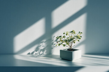A potted plant stands in soft daylight, creating gentle visual rhythm through shadows, natural light, and minimal interior space.