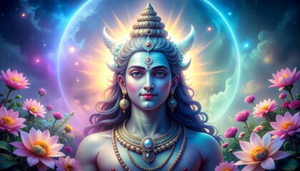 Lord Shiva, the divine cosmic entity, emanating serenity amidst a vibrant celestial realm adorned with luminous lotus blossoms and a mystical moon