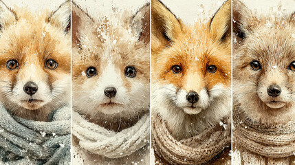 Four fox puppies in winter scarves, painted with a watercolor effect.
