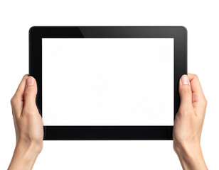 Hands holding a horizontal tablet with a blank white screen mockup Isolated on transparent or white, Cut out