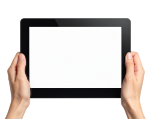 Hands holding a horizontal tablet with a blank white screen mockup Isolated on transparent or white, Cut out