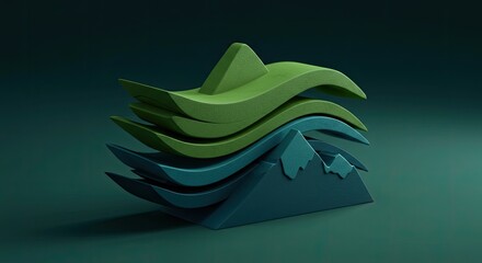 Abstract 3 d shape with waves and mountains in green and blue tones