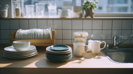 Washed dishes rest on a wooden kitchen counter in a quiet home, reflecting everyday routines and domestic stillness.