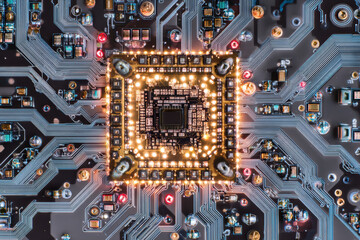 Close-up of a glowing circuit board, symbolizing core technology, data processing, and high-value digital systems.