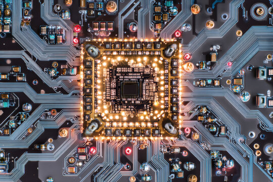 Close-up of a glowing circuit board, symbolizing core technology, data processing, and high-value digital systems. - Powered by Adobe