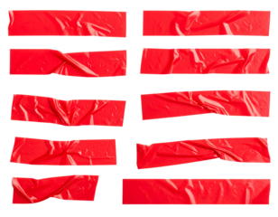 Set of crumpled clear adhesive red tape strips Isolated on transparent or white, Cut out
