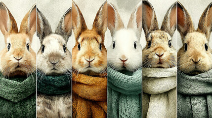 Six rabbits dressed in colorful sweaters, arranged in a row.