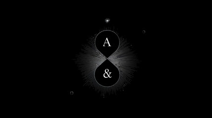 Abstract black and white graphic with letter A and ampersand symbols connecting, surrounded by a radial light burst, symbolizing union and duality.