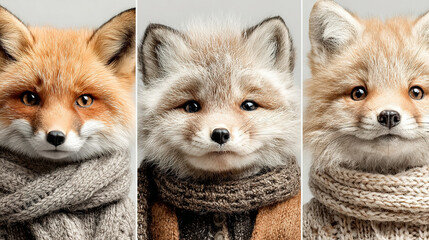 Three adorable foxes wearing knitted scarves, facing forward with neutral expressions.