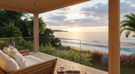 Obraz premium Seaside tranquility: a picturesque balcony view with morning sunlight over the ocean horizon