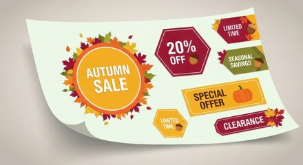 Seasonal offers with fall themed graphics promoting autumn sale and discounts collection