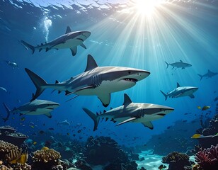 Fototapeta premium Sharks swimming through sunlit ocean, coral reefs visible below
