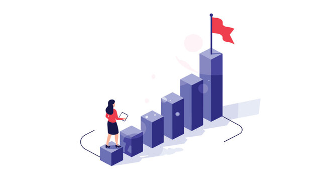 Businesswoman standing on a growing bar chart, symbolizing career growth, success, and achieving business goals concept.