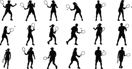 Fototapeta premium Black Silhouettes Set of Male and Female Tennis Players in Action Poses, Sportsman Icons, Vector Illustration Collection.