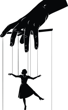Black Silhouette of Hand Controlling a Woman like a Marionette Puppet, Concept of Manipulation, Control, Dependence, and Dictatorship Vector