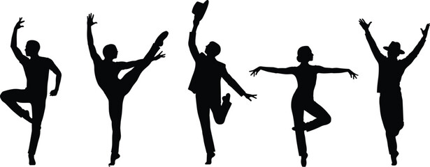 Set of diverse dancers silhouette on white background, black vector illustration of dancing people, various ballet or jazz dance poses. © World_Of_Vector