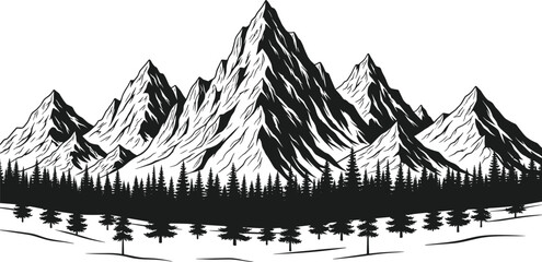 Mountain Range and Forest Landscape Black Silhouette Vintage Hand-Drawn Engraving Style Vector Illustration for Nature and Adventure Concept.