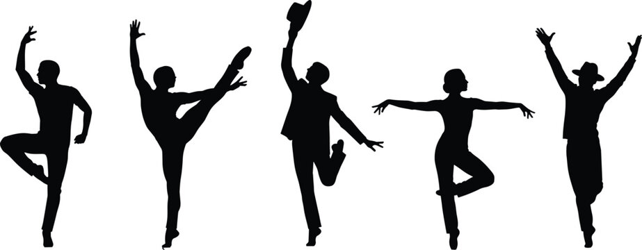 Set of diverse dancers silhouette on white background, black vector illustration of dancing people, various ballet or jazz dance poses.