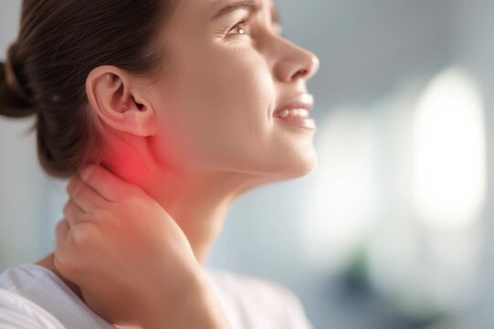Neck Pain and Cervical Spine Pain &ndash; Close-up Woman Touching Neckю Red Glow Highlighting Pain, Cervical Osteochondrosis, Muscle Tension, Spinal Disorders