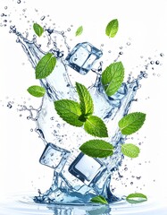 Fresh Water Splash With Ice Cubes And Mint Leaves Isolated On White
