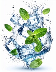 Fresh Water Splash With Ice Cubes And Mint Leaves Isolated On White