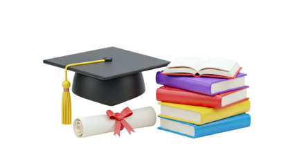 Graduation Cap, Books, and Diploma on White Background