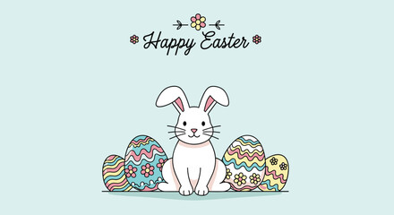Happy Easter greeting card with a cute cartoon bunny sitting among several colorfully decorated and painted Easter eggs.