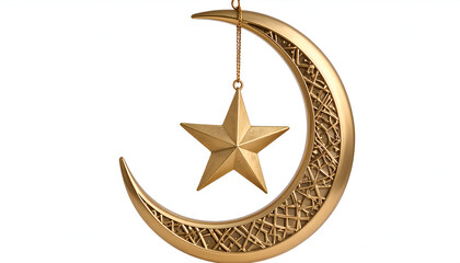 Golden crescent moon and star decoration hanging, a celestial Islamic symbol of Ramadan or Eid