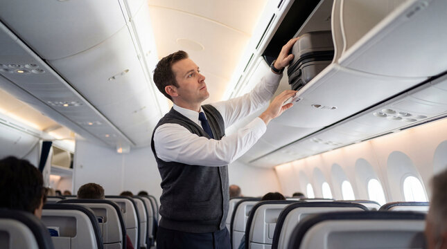 Professional flight attendant in uniform helping a passenger by placing a suitcase in the overhead bin of a modern airplane cabin.