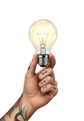 Tattooed hand holding warm glowing light bulb isolated on white background, creative thinking and innovation symbol for business concepts, brainstorming, and modern branding use.