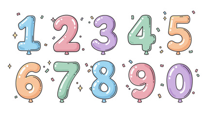 Cute balloon number set from 0 to 9 in playful doodle style. Flat vector illustration with black outline and solid colors. Perfect for kids design, birthday, education, and celebration projects. © nupixel