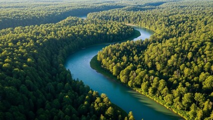 Aerial view of a winding river flowing through a lush green forest during sunset.