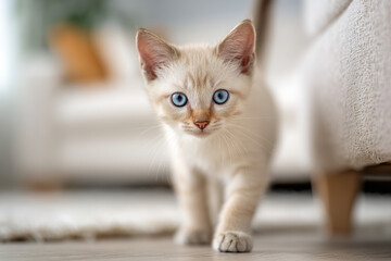 Cute Siamese Kitten with Blue Eyes in Living Room