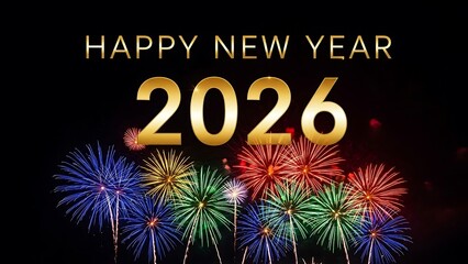 Celebrating Happy New Year 2026 with vibrant fireworks display against a dark night sky