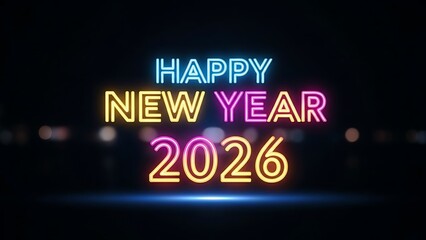 Vibrant Happy New Year 2026 neon lights illuminating a dark background with celebration atmosphere