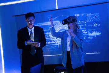 Virtual reality experience in a futuristic office setting during a tech presentation